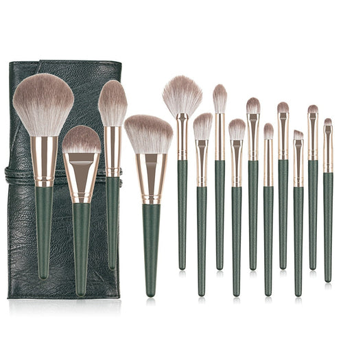 Green Cloud Makeup Brushes Cosmetics Tools Set Wooden Handle(14 pc)