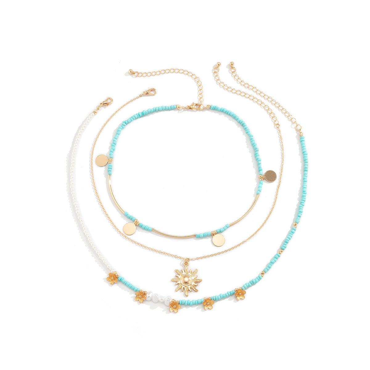 All-match Rice Bead Sequins Tassel Sunflower Pendant Retro Clavicle Necklace European and American Hip Hop Imitation Pearl Niche Necklace